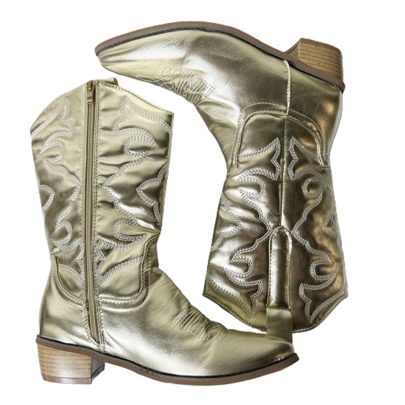 NEW Gold‎ Metallic Vegan Cowboy Boots Western Mid Calf Side Zipper Womens Size 7 - Picture 1 of 6